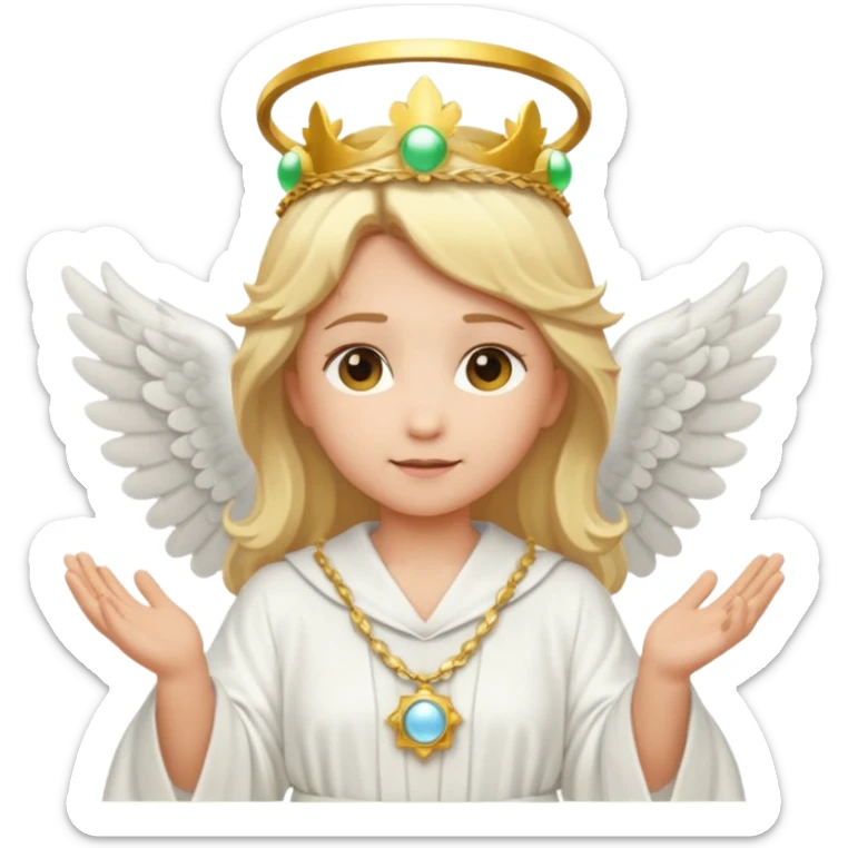 Emoji-style angel: blonde hair, laurel crown, halo, white wings, white robe, glowing orb, soft cute emoji look. sticker
