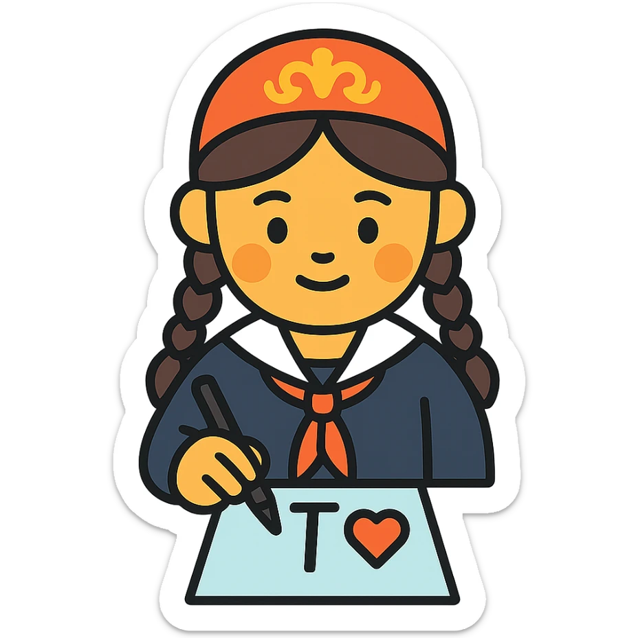 Kazakh girl in Korean foreign school uniform, drawing the letter T with a heart on a sheet of paper sticker