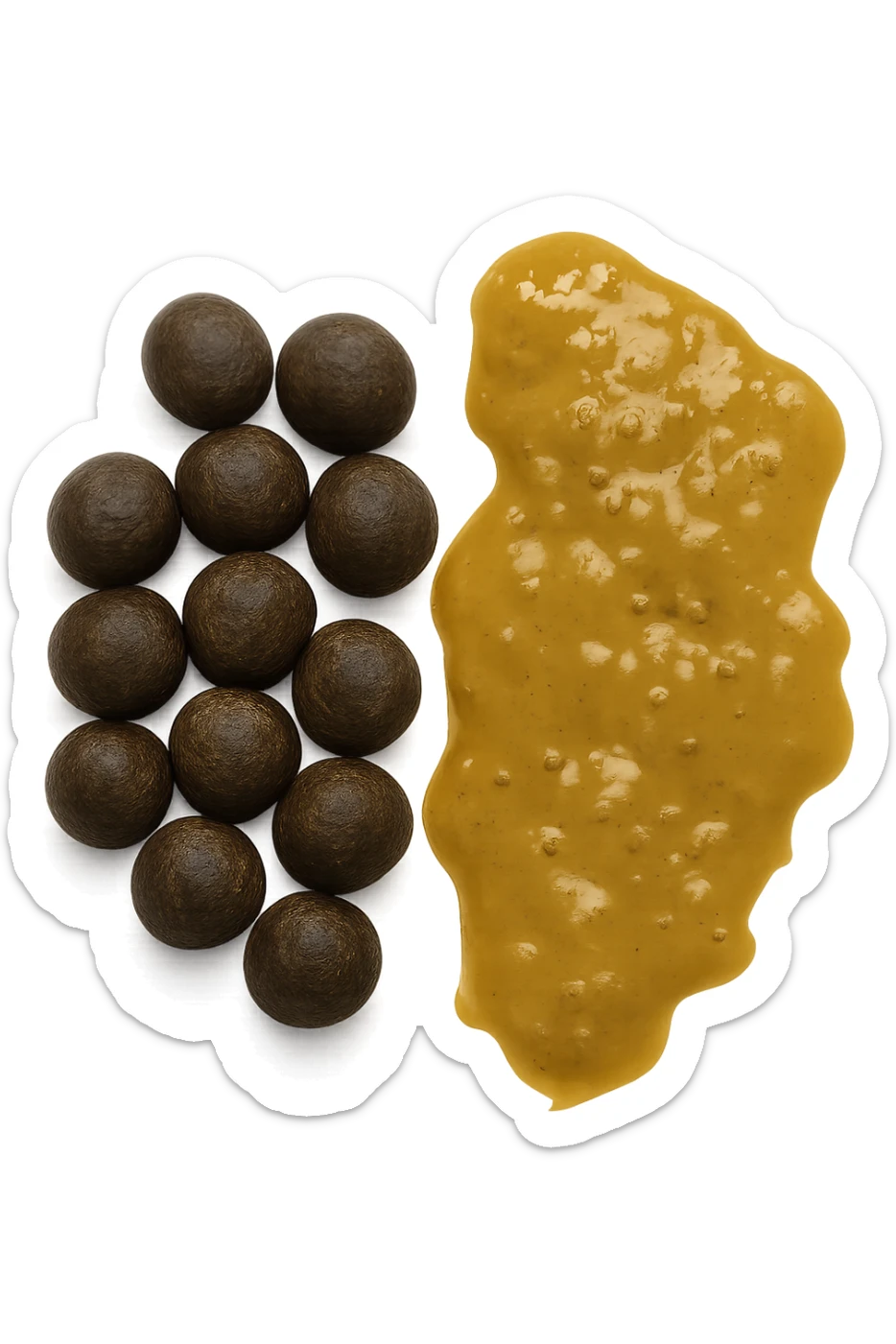 feci di animale a palline viste dall'alto e feci di animale liquide e gialline viste dall'alto, iperrealistico 4k sticker