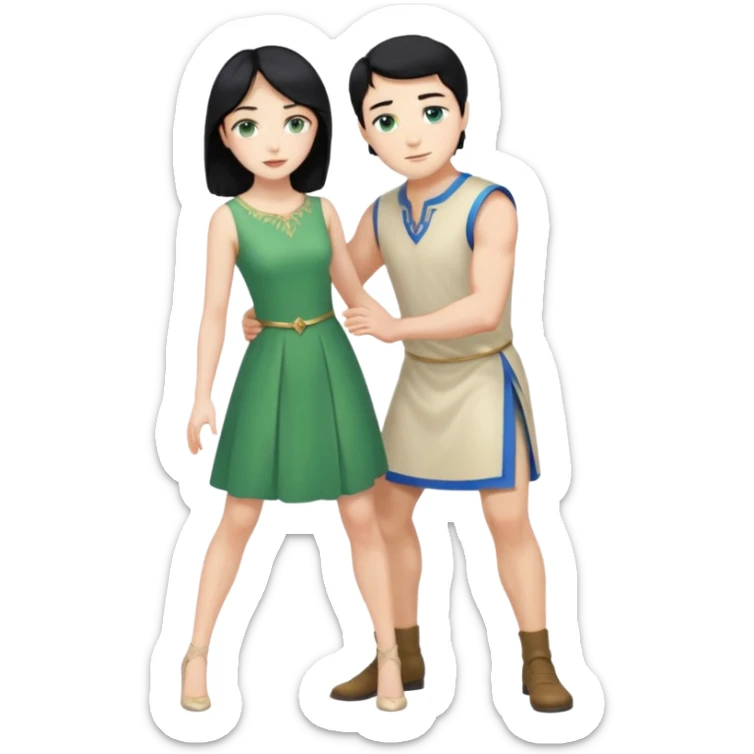2 Person, King, upright, black Hair, blue eyes, whole body, Woman, blonde Hair, Green eyes, bending knee, sleveless White Dress, sticker