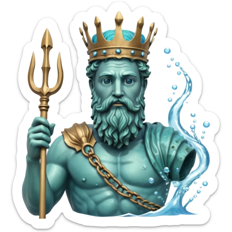 Bust of Poseidon underwater, Greek god with beard and crown, sea god statue with trident, bubbles around, blue water background sticker