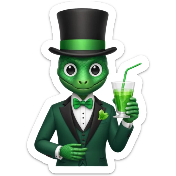 snake wearing suit, bowtie and top hat, holding a glass of green drink sticker