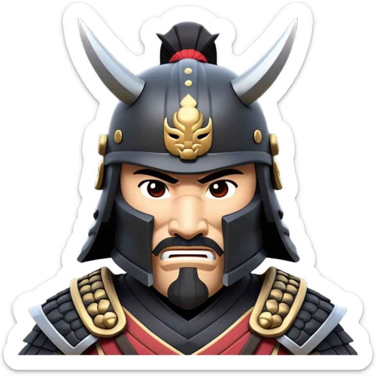clash-of-clans-aesthetic_-cinematic-fearsome-and-majestic-samurai-bust-portrait-emoji, rendered in a flat, vector-style with minimal shading and bold, simplified shapes typical of emoji art, depicting a battle-hardened samurai with black mask and traditional black Japanese armor. The samurai is riding a noble grey warhorse adorned with an intricately designed saddle and fluttering banners and a rising sun. a samurai on a   horse sticker