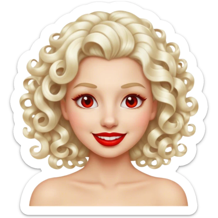 Cinematic Realistic Marilyn Monroe Emoji, featuring a glamorous, high-detail portrayal of the legendary Hollywood star. Her iconic platinum curls, radiant smile, and signature red lips are illuminated by dramatic, vintage-style lighting, evoking the timeless allure of classic cinema. sticker