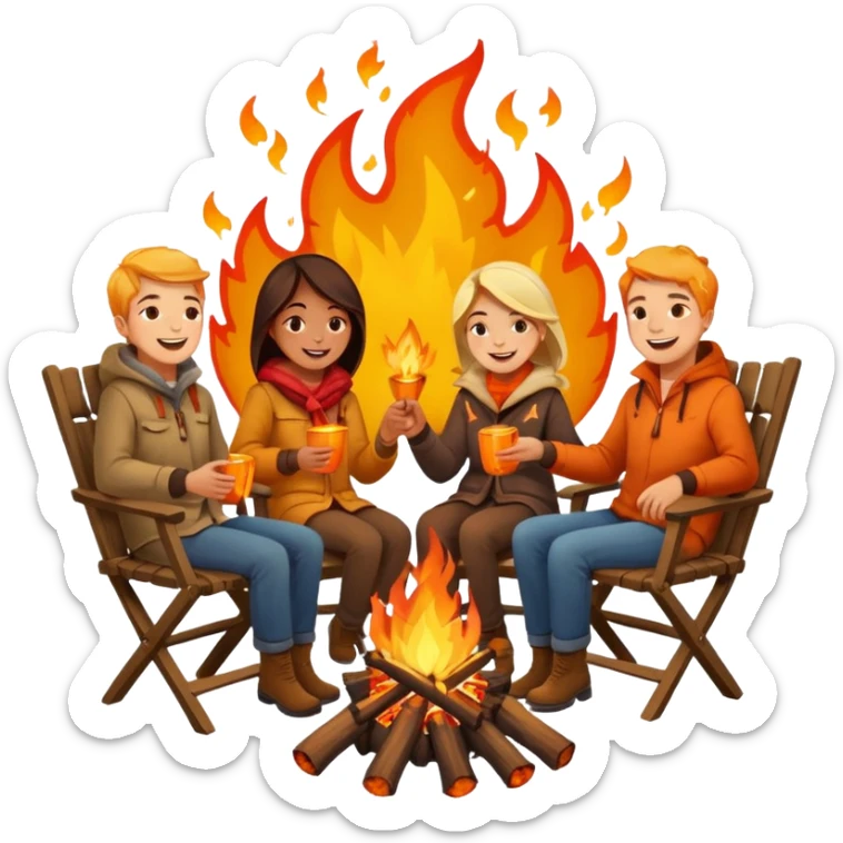 Born fire and people sitting beside born fire on chairs. Born fire is in the centre sticker