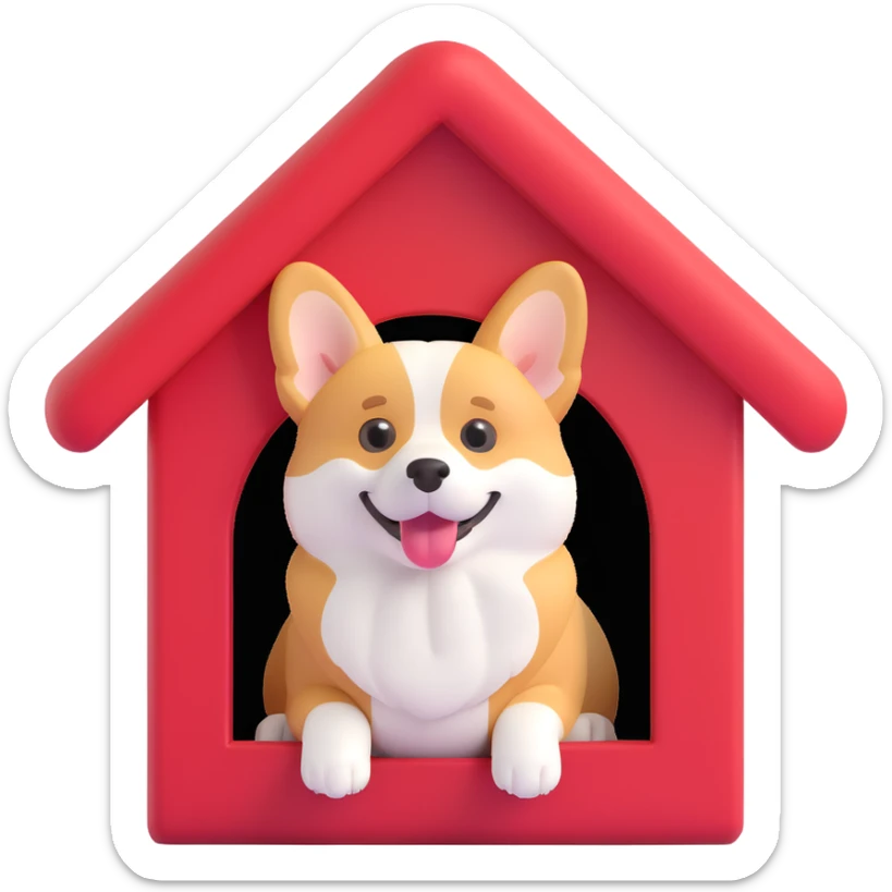 red dog house with a Corgi dog inside, clear view of the Corgi, semi-realistic but with emoji-like features, playful and cute sticker