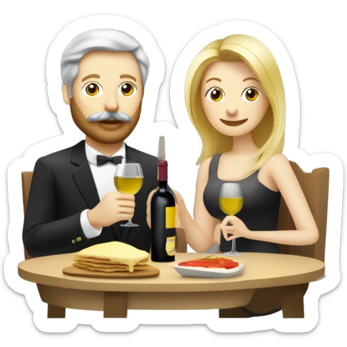 Repas raclette et deux verres de vin blanc en couple, femme blonde cheveux aux-dessus des épaules homme petite barbe et moustache grisonnantes et cheveux bruns grisonnant  sticker