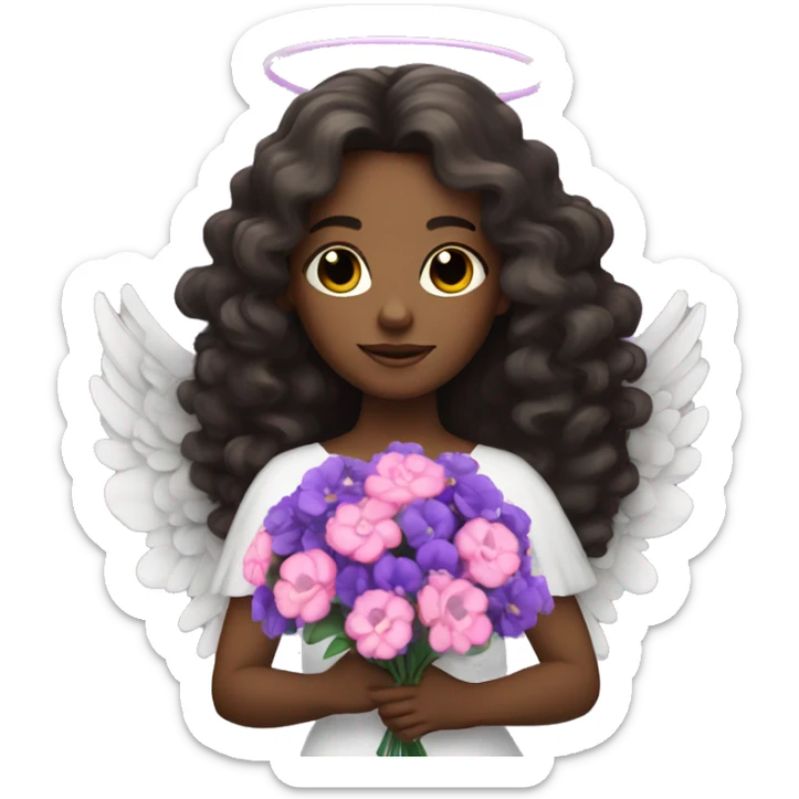 Black angel with long brunette curly hair holding bouquet of purple and pink flowers sticker