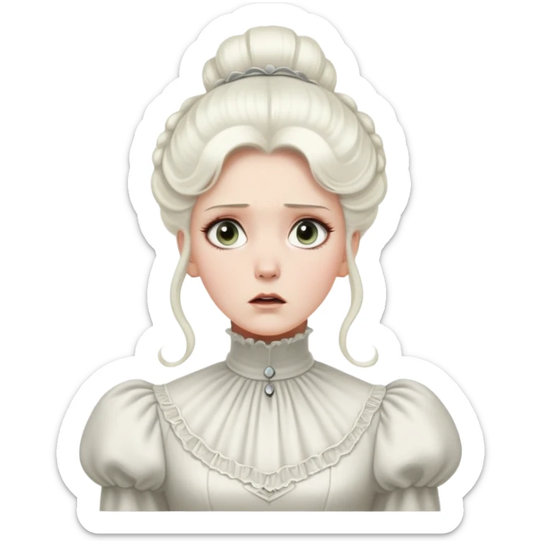 Awestruck Victorian-era white woman with white coiffed hair, light eyes, wearing a simple turtleneck Victorian gown, with a dropped jaw in shock sticker