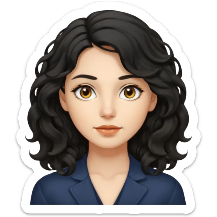 this avatar of 30th year-woman has shoulder-length black wavy hair with loose curls framing the face, and a long, pointed face with golden-brown eyes and a calm, neutral expression. sticker