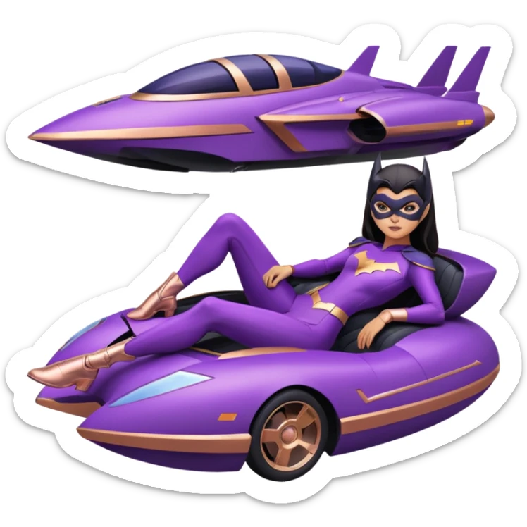 Hot full size real-appearance racing action BatGirl’s Lego feminine midnight-purple tight outfit sixty’s tv show 1992 stealth retro sporty petite off-road pursuit hovering hover cruiser car rose gold accents (black hair,reclined and relaxed seating position and attitude) desert sticker
