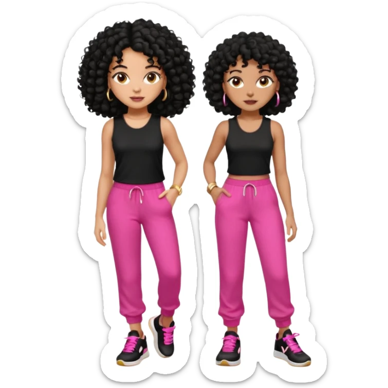 Black woman, adult, 4C black curly hair, dark brown eyes, wearing black top, pink pants, black sneakers, gold hoop earrings mostrando os músculos  sticker