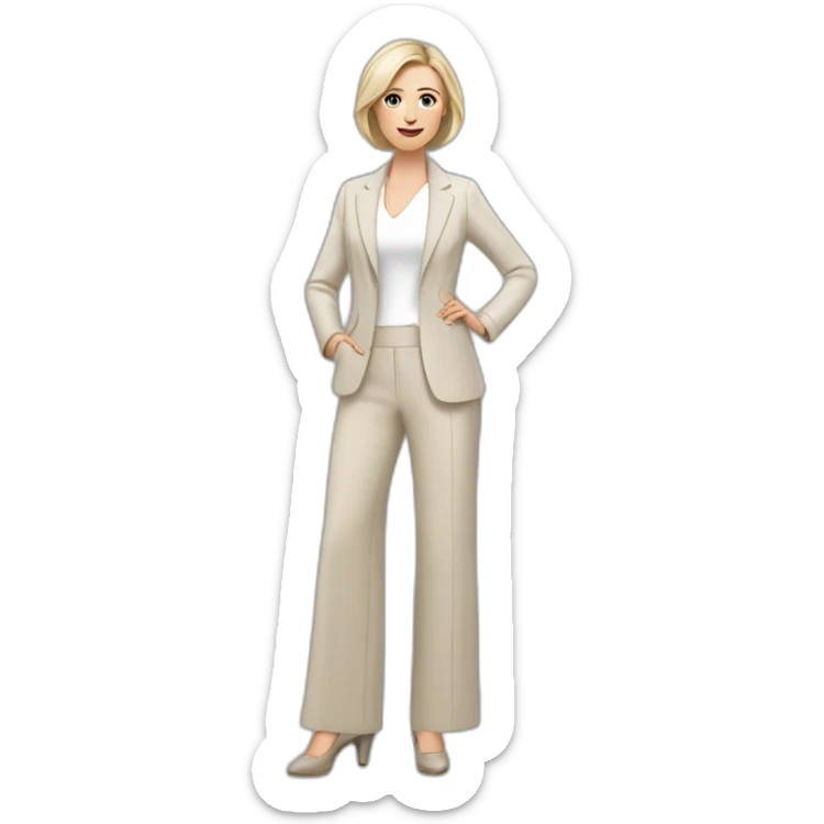 Full height Actively gesturing with hands pale skin woman with ash blonde Straightened bob Hair, White Spacious classical jacket, beige palazzo Arrow pants and gray blouse sticker