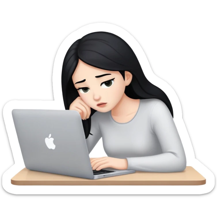 a tired white girl with black hair works in front of Macbook sticker