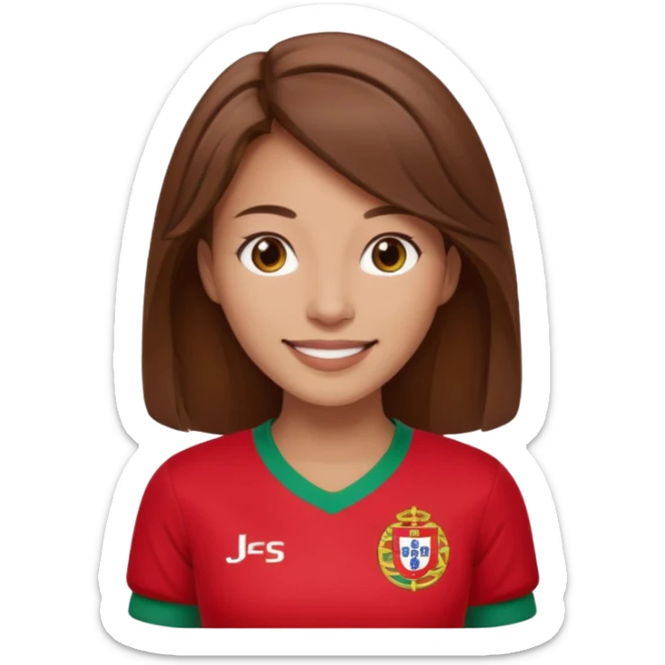 Une femme brune cheveux un peu long et qui a un maillot du portugal sticker