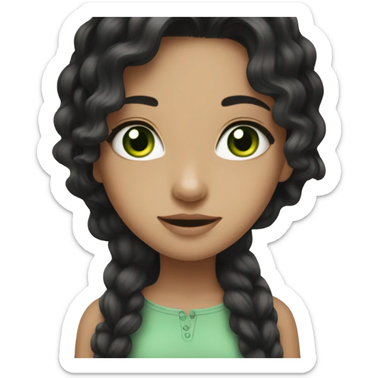  girl,Black hair,wavy hair，long hair,green eyes,almond  sticker