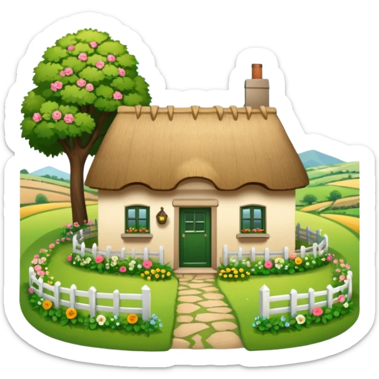 A countryside cottage with a thatched roof, wooden door, flowers around the house, green fields, peaceful rural scenery, natural lighting, detailed and realistic sticker