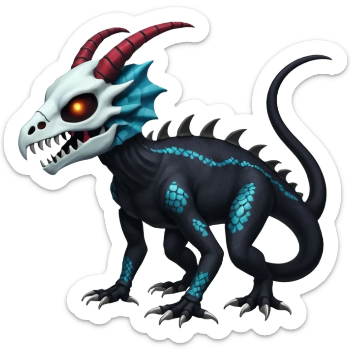 Shiny Dark Edgy  Duskull-Salandit-Inteleon-Amaura-Fakémon-hybrid-creature (full body) with a horned animal-skull-mask sticker