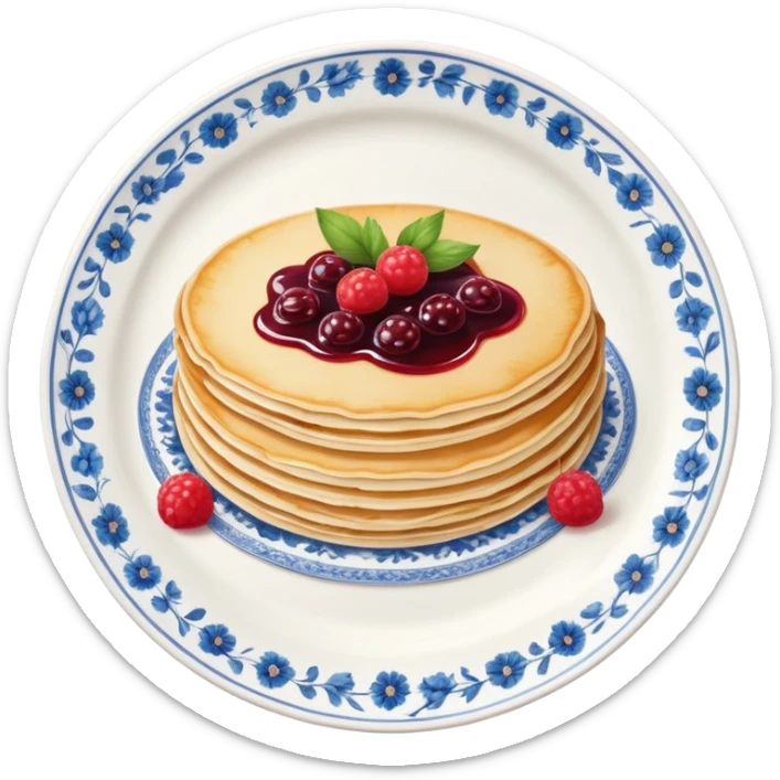 scandinavian round crepes with jam on white porcelain plate with blue floral vintage design sticker