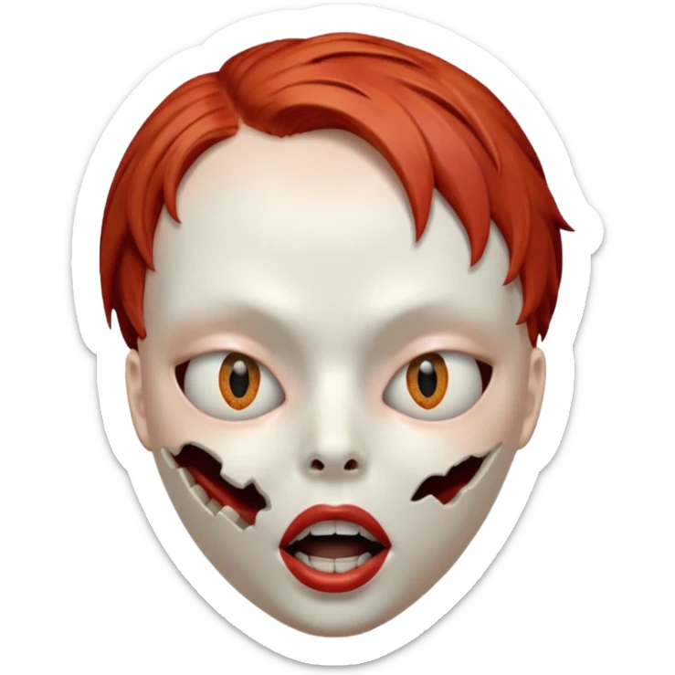 Empty mask resembling a head of a female with short red hair, hollow eye sockets and open mouth sticker