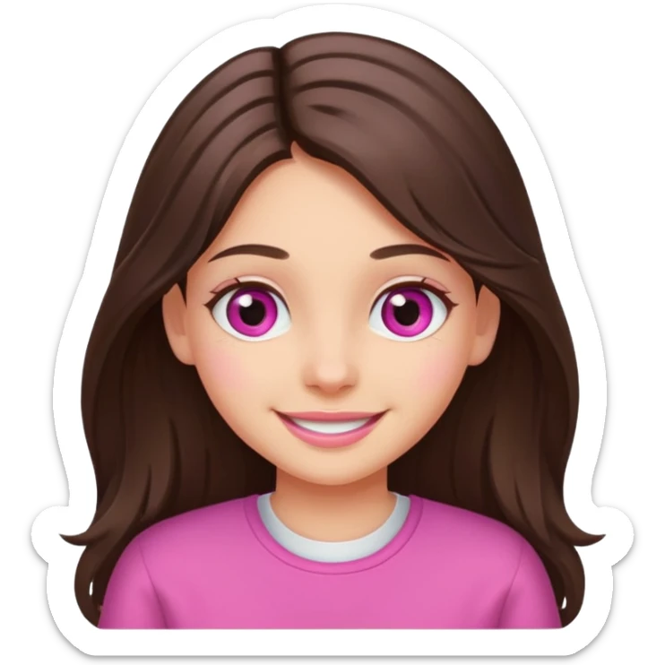 smiling long brunette hair girl with hazel eyes wearing pink writing sticker