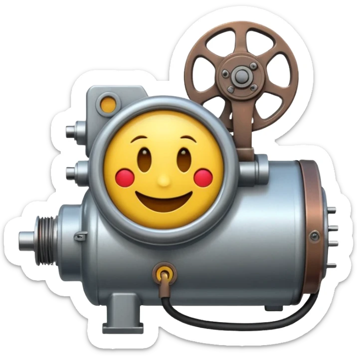 Industrial mechanical motor with a smiley face, emoji for the new electric music genre Motor breaks must be friendly and sellable must be small but clear child friendly, ready to use as a logo, motor synth make sure it's not Cold the Face must look like it's part of the machine sticker