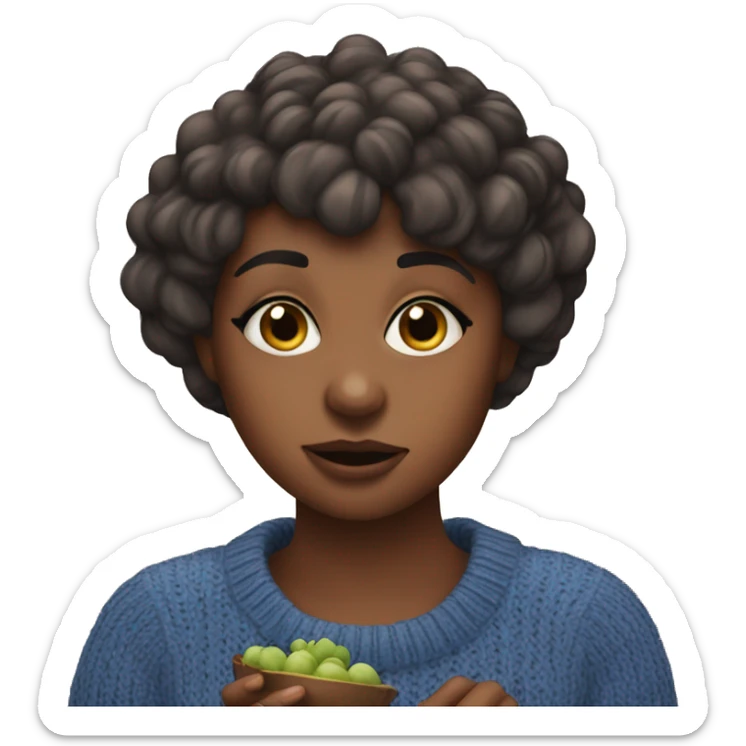 Brown girl with short hair bangs in a blue jumper eating blueberries sticker