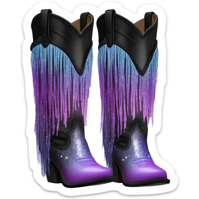 Realistic pastel purple to black ombre pair of fashion cowgirl boots with sparkly shiny glitter fringe on them. sticker