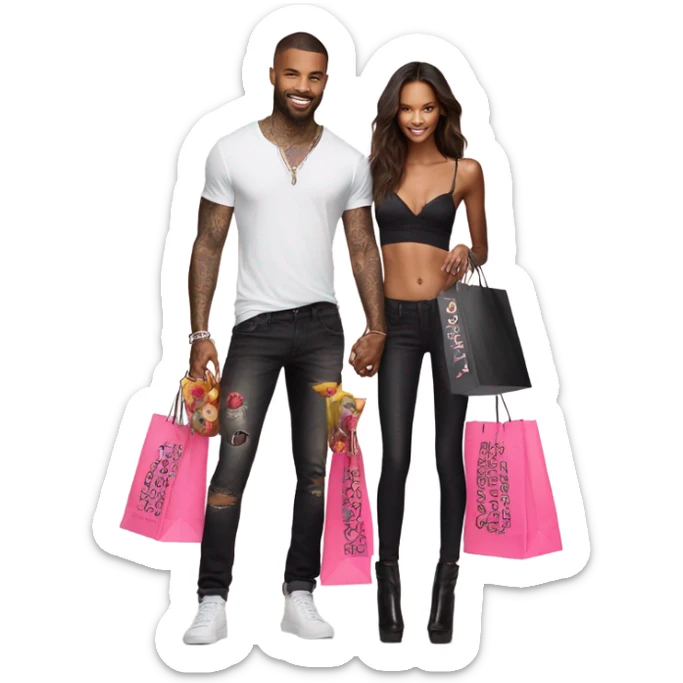 Photo of Victoria secret model shopping with a tattooed male model carrying bags sticker