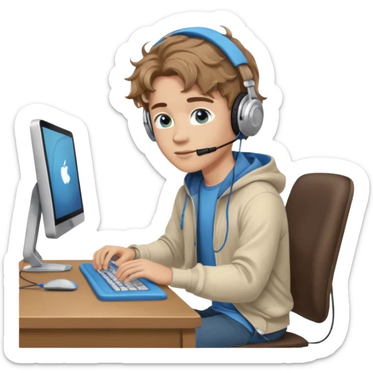 full length of a young man with wavy light brown hair and blue eyes. He is sitting at a desk typing on a computer while wearing headphones sticker
