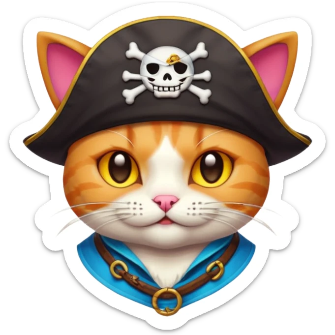 Cute 32-bit pixel art emoji, cat, pirate theme, vibrant colors, clean edges, Japanese kawaii aesthetic, game asset style, isolated on white --v 6.0 sticker