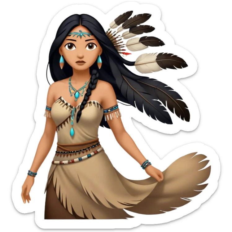 Cinematic Realistic Pocahontas Portrait, depicted with lifelike skin texture, soft natural lighting, and intricately detailed long, flowing raven-black hair that moves gracefully in the wind. Her deep, soulful dark brown eyes exude wisdom and strength, complemented by a serene yet powerful expression. She is dressed in her classic one-shoulder native american dress, with rich fabric textures and delicate beaded details that catch the light beautifully. The portrait features a soft, sun-kissed glow with a natural, radiant finish, capturing the essence of untamed beauty and deep connection to nature in a realistic and painterly style, evoking a sense of depth and authenticity. sticker