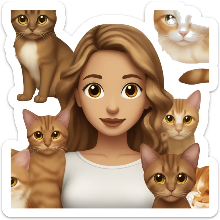 White girl brown eyes with long wavy brown hair with brown highlights balayage with abyssinian cat sticker