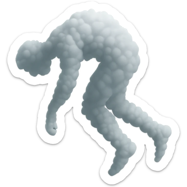 A person made of very small white fluffy clouds in matte glass style, no background and no shadows, unconscious: side view, arms, legs, and head hanging freely down, torso center being pulled up, lifeless pose as if being lifted by the middle of the body. sticker