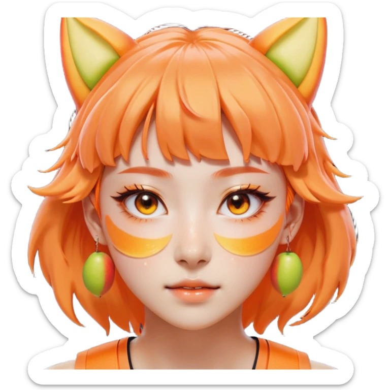Face: Glowing amber skin (#F3D2A8), crescent eyes crinkled at corners (double eyelids), flushed apple cheeks shaped like peach slices. Hair: Neon-orange wolf-cut with 45° angled bangs, sweat droplets flying from tips. Extra: Sports headband with "GO!" in katakana, toothy grin showing 8 upper teeth. sticker