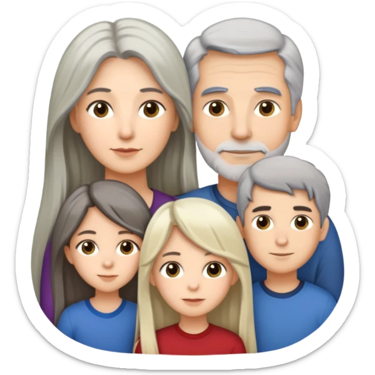 Family of five dad 65 grey hair mother 53 dark medium hair son 16 tall dark hair daughter and 15 blonde long hair daughter 11 long dark hair sticker