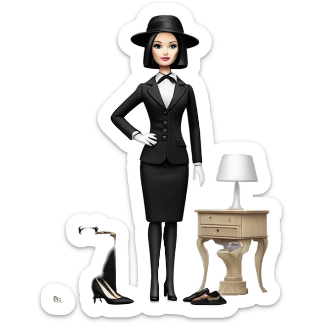 Afternoon Suit Barbie. Wednesday Addams at home. stilettos, gloves, picture hat, Very Pale-white porcelain skin.  sticker