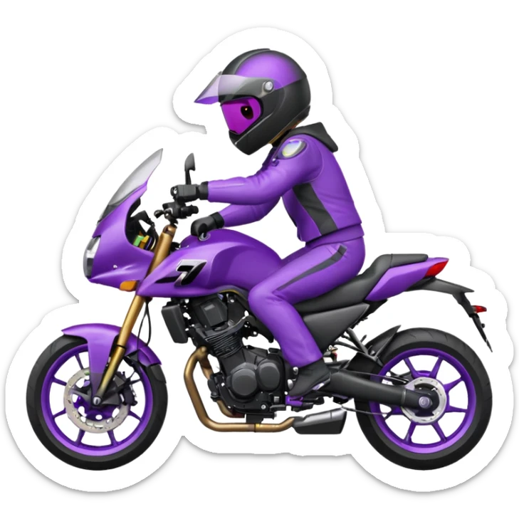 Créer un emoji avec une moto mt07 sport noir mate / violet iridescent très foncé, pare-brise de la moto violet. Avec une pilote dessus, visage masqué par la visière violette . Avec en arrière plan cercle violet. sticker