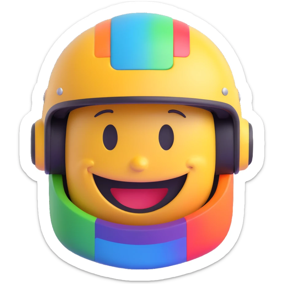 3D smiley emoji, round shape, motorcyclist with colorful helmet: rainbow-colored helmet, smiling face sticker
