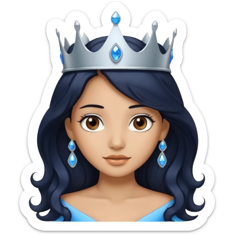Por favor hazme el emoji de la princesa pero con piel canela con el pelo negro y ondulado y largo, los ojos marrones y la corona plateada con jollas azules sticker
