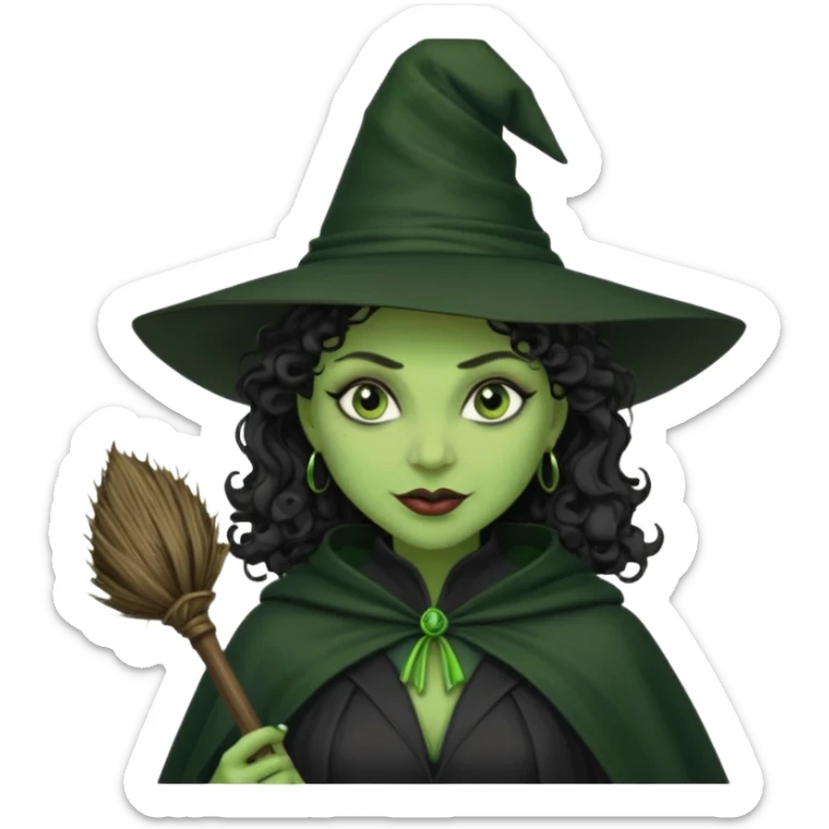 elphaba wicked witch with broom close up, evil dark curly hair, green skin, thick lips, cheekbones, smirk evil menacing cythia erivo dark aesthetic black hat cloak  sticker