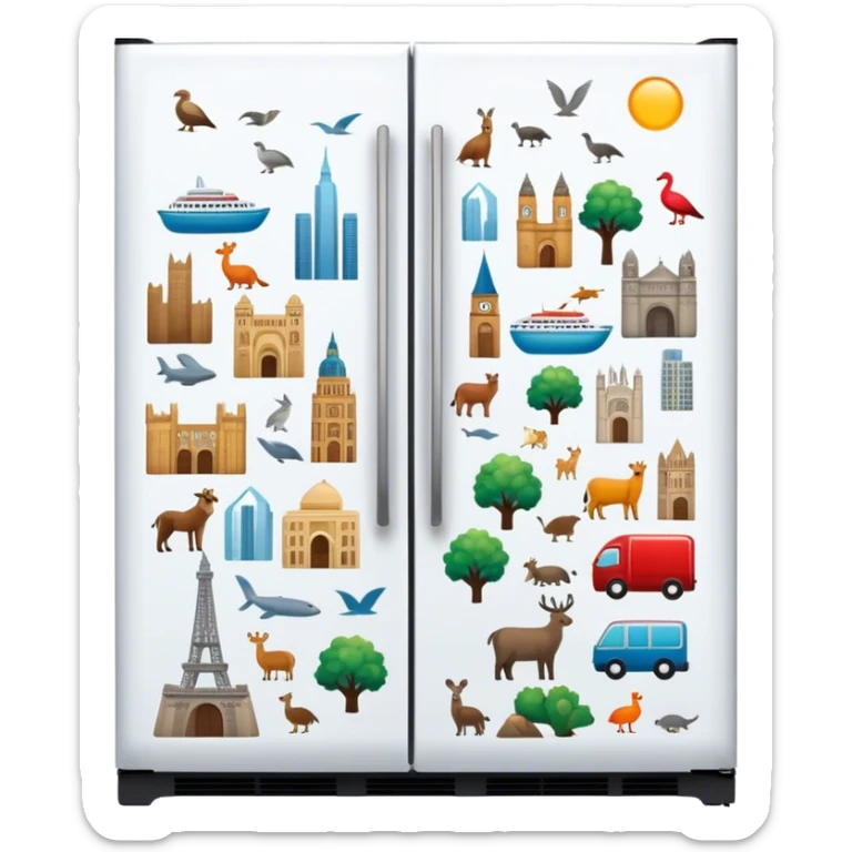 Icon for Magnet Collecting: a close-up of a fridge door covered with a variety of magnets, featuring cities, animals, symbols. The icon should highlight the diversity and charm of magnet collections. Transparent background. sticker