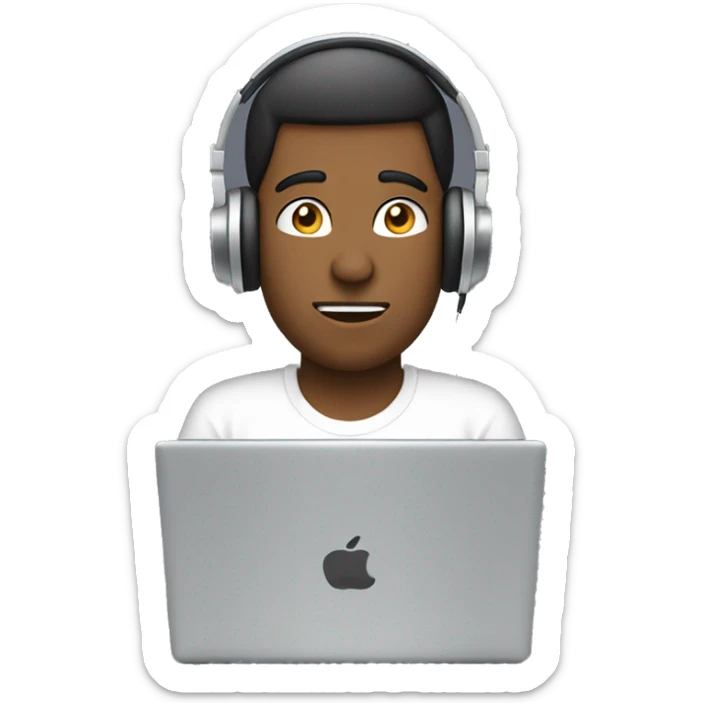 man in headphones talking hold laptop and phone only upper part of body  sticker