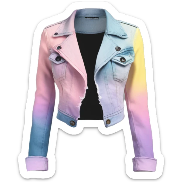 Realistic isolated side view of a pastel purple,dark turquoise ,pastel yellow and pastel pink ombre open military bolero fashion jacket with yellow cut out top underneath it and ripped denim jegging pants. sticker