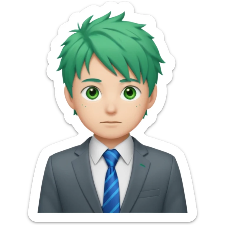 deku : boy anmie green hair green eyes in a ua gray jacket and blue tie suit with frenkles sticker