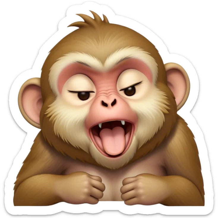 Cinematic Cute Yawning Macaque Portrait Emoji, Head tilted slightly with a dramatic, wide-open yawn, showcasing a gently textured face with half-closed, sleepy eyes and an open, relaxed mouth, Simplified yet irresistibly adorable features, highly detailed, glowing with a soft, cozy glow, high shine, relaxed yet expressive, stylized with a dash of whimsical charm, soft glowing outline, capturing the essence of a drowsy yet affectionate primate that appears ready to stretch out for a nap! sticker