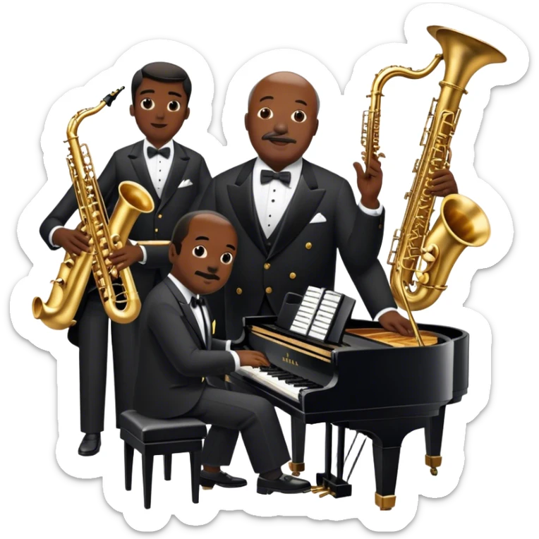 Icon for Jazz Music: Count Basie Orchestra, with Count Basie at the piano surrounded by jazz musicians playing instruments like saxophones, trumpets, and drums. Floating musical notes should capture the energetic and smooth vibe of big band jazz. Transparent background. sticker