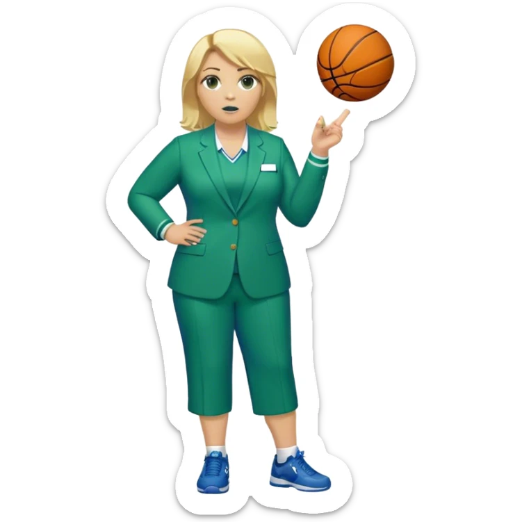 Full Body white plus size female basketball head coach with whistle  blonde hair past the shoulder length in a blue and green suit sticker