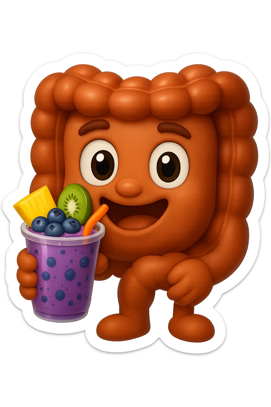 EMOJI STILE IPHONE DI un intestino umano anatomico che beve un frullato di mirtilli, ananas, kiwi, fagli anche la parte bianca degli occhi, non solo le pupille, REALISTICo 4K sticker