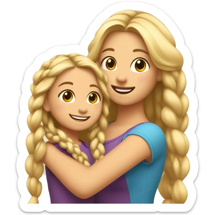 An emoji of a blonde mother with very long hair and a cheerful expression, standing next to her 3-year-old daughter, a small girl with black hair styled in two braids, both smiling happily together sticker